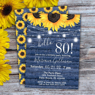 Sunflowers String Lights Blue 80th Birthday Party Invitation