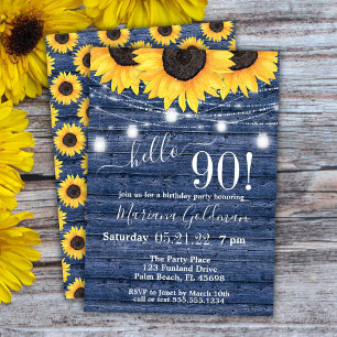 Sunflowers String Lights Blue 90th Birthday Party Invitation
