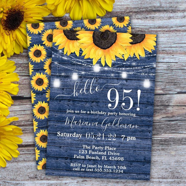 Sunflowers String Lights Blue 95th Birthday Party Invitation (Creator Uploaded)
