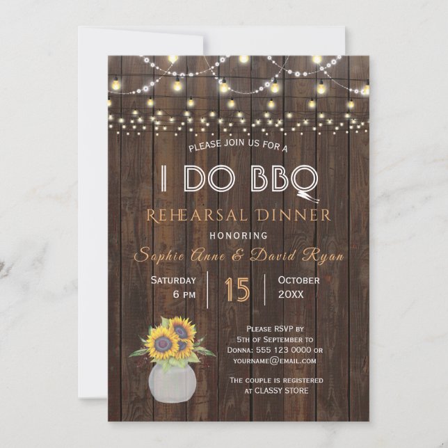 Sunflowers String Lights I DO BBQ Rehearsal Dinner Invitation (Front)
