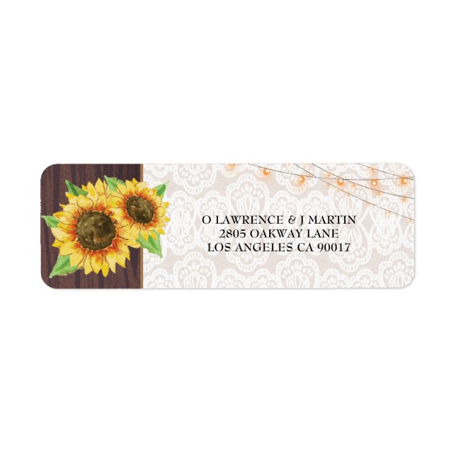Sunflowers String Lights Lace Wood Wedding Address (Front)