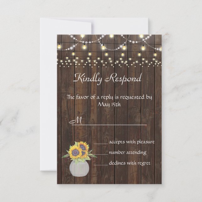 Sunflowers String Lights Old Wood Wedding RSVP (Front)