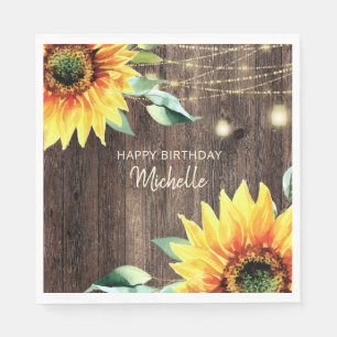 Sunflowers String Lights Rustic Happy Birthday Napkin