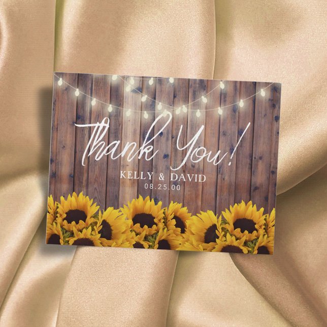 Sunflowers String Lights Rustic Wedding Thank You Postcard (Creator Uploaded)