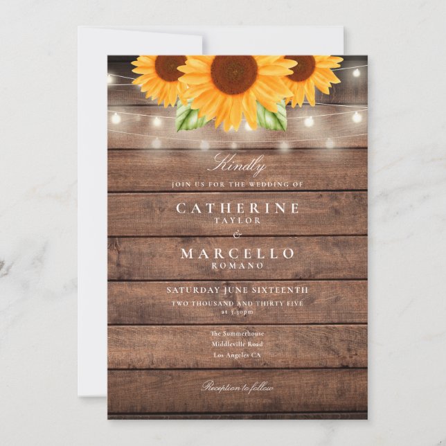 Sunflowers String Lights Rustic Wood Wedding Invitation (Front)