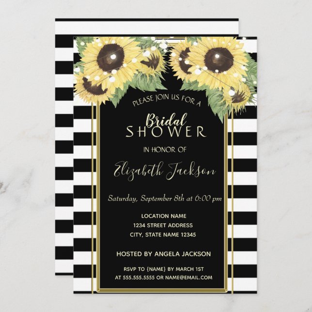 Sunflowers, String Lights,Striped  Bridal Shower Invitation (Front/Back)