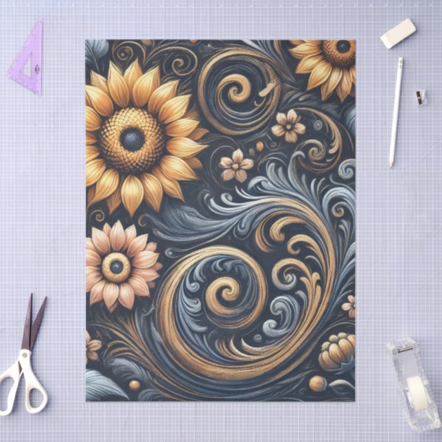 Sunflowers & Swirls Navy Blue Gold Decoupage  Tissue Paper (Craft)