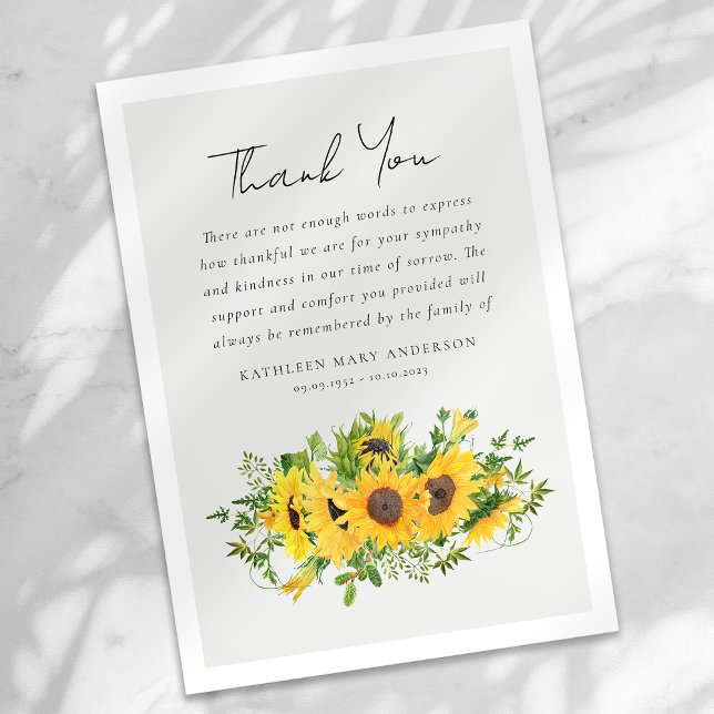 Sunflowers Sympathy Funeral Thank You Card (Creator Uploaded)