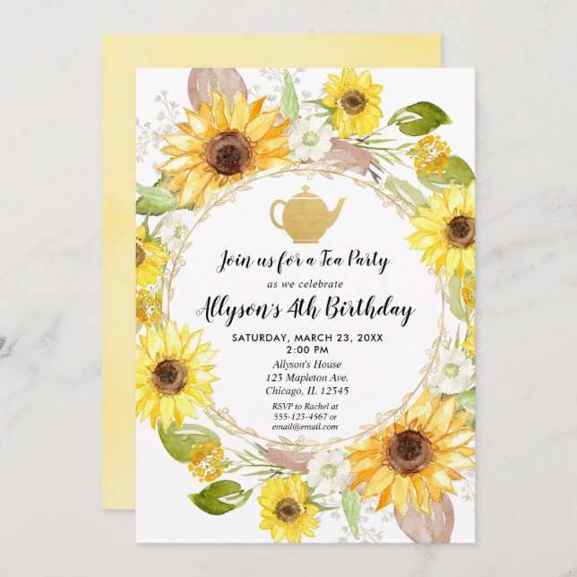 Sunflowers tea party birthday invitation (Front/Back)