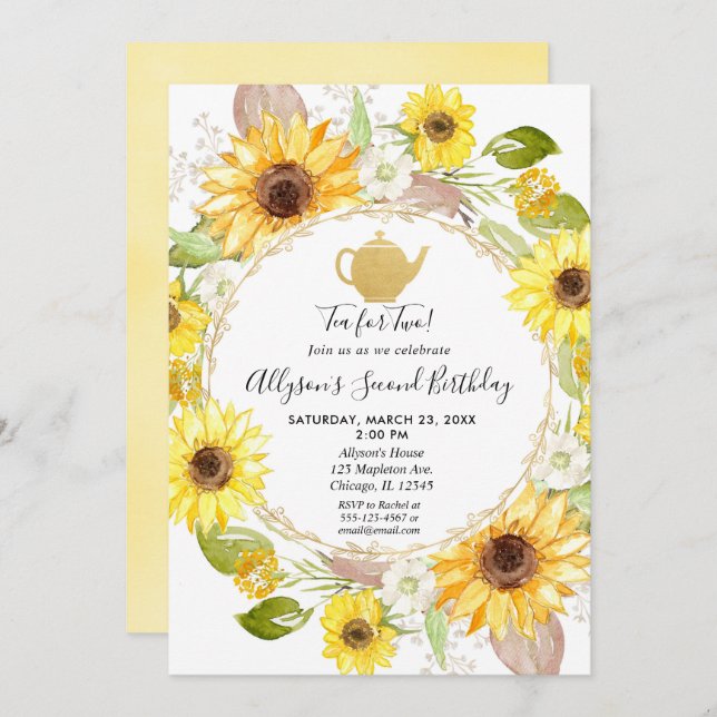 Sunflowers tea party tea for two birthday invitation (Front/Back)