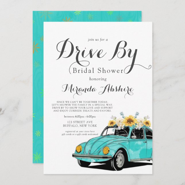 Sunflowers Turquoise Car Drive By Bridal Shower Invitation (Front/Back)