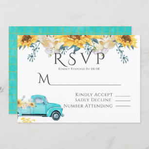 Sunflowers Turquoise Vintage Truck Wedding RSVP Invitation