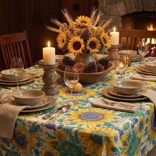 Sunflowers Ukrainian folk art motifs Tablecloth