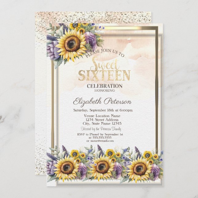  Sunflowers Violet Flowers Frame Sweet 16 Invitation (Front/Back)