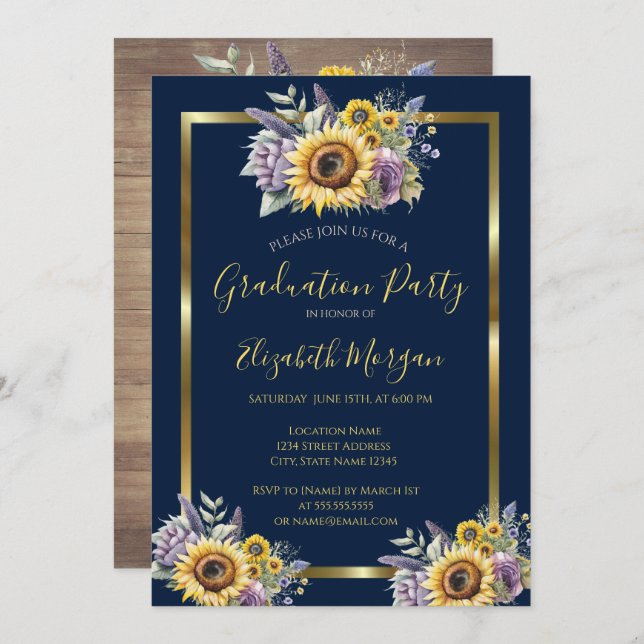 Sunflowers Violet Flowers  Wood Graduation Party Invitation (Front/Back)