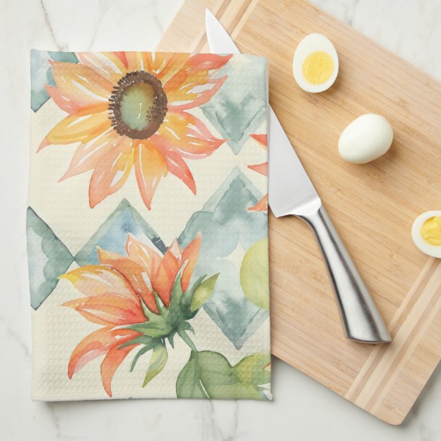 Sunflowers Watercolor floral pattern Tea Towel (Quarter Fold)