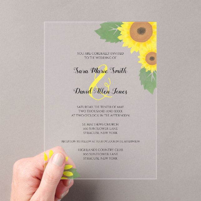 Sunflowers Watercolor Floral Sunny Yellow Wedding Acrylic Invitations (Insitu (Handheld))