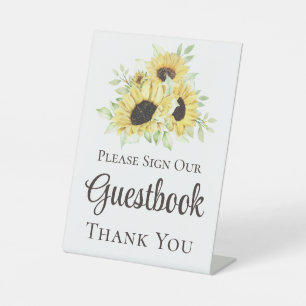 Sunflowers Watercolor Floral Wedding Guestbook Pedestal Sign