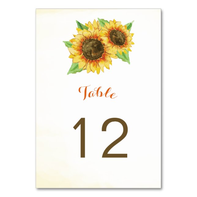 Sunflowers Watercolor Table Number Cards (Back)