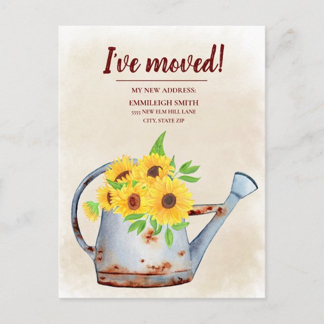 Sunflowers Watering Can Watercolor Change Address Postcard (Front)