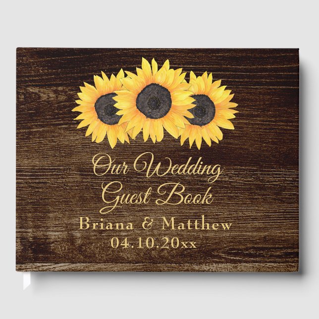 Sunflowers Wedding Guest Book on Wood Country (Front)
