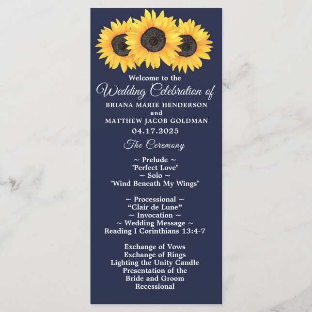 Sunflowers Wedding Program Country Floral on Blue Programme (Front)