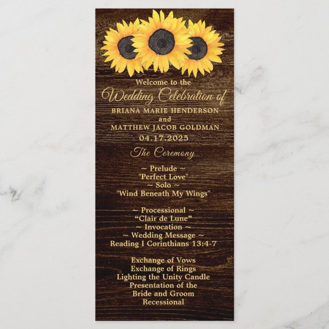 Sunflowers Wedding Program on Wood Country Floral Programme (Front)