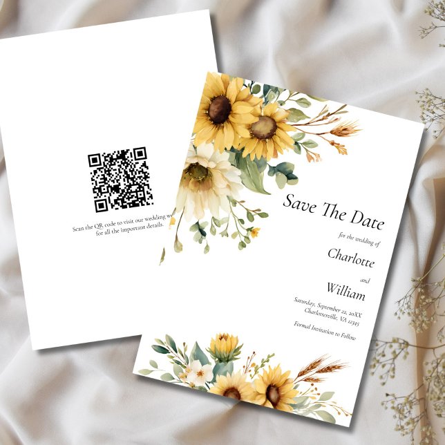 Sunflowers Wedding Save The Date QR Code Invitation (Sunflowers Rustic Country Farmhouse QR Code Wedding Save the Date Card)