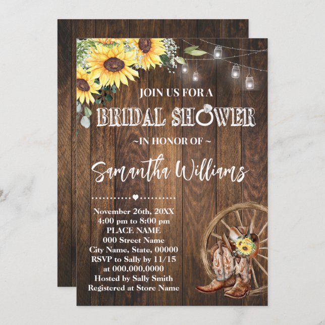 Sunflowers Western Bridal Shower Country Boots Invitation (Front/Back)