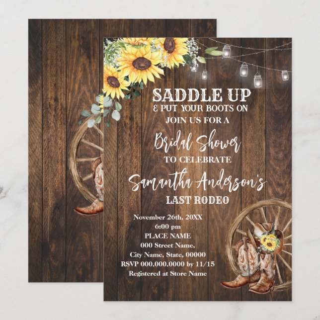 Sunflowers Western Cowgirl Saddle Up Bridal Shower Invitation (Front/Back)