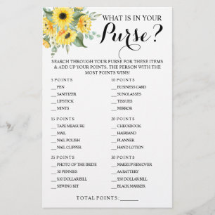 Sunflowers What is in your Purse Shower Game Card