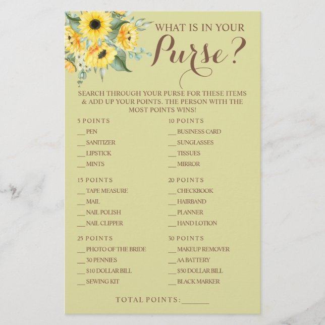 Sunflowers What is in your Purse Shower Game Card  (Front)