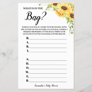 Sunflowers What's in the Bag Baby Shower Game card