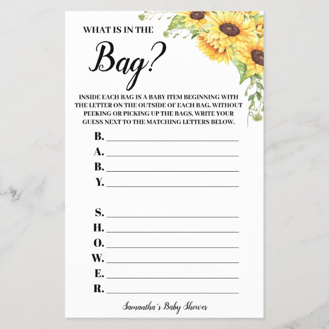Sunflowers What's in the Bag Baby Shower Game card (Front)