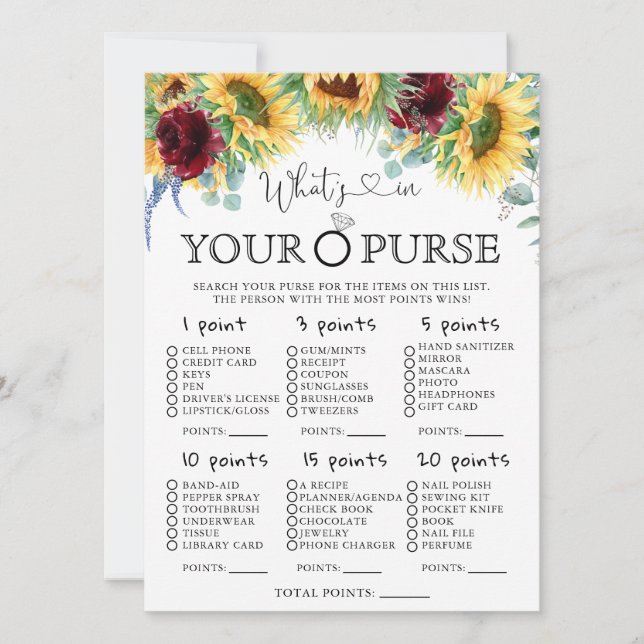 Sunflowers What's In Your Purse Bridal Shower Game Invitation (Front)