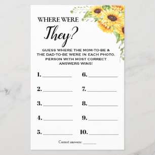 Sunflowers Where Were They Baby Shower Game Card
