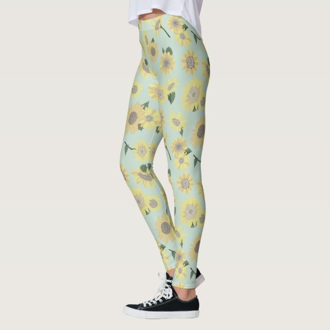 Sunflowers Whimsical Yellow On Blue Pattern Leggings (Left)