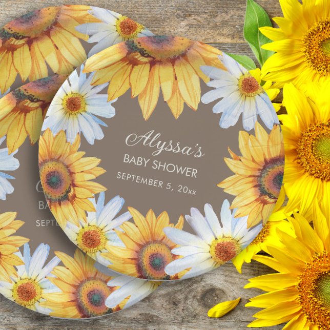 Sunflowers White Daisies Brown Baby Shower Paper Plate (Sunflowers and white daisies on brown custom baby shower paper plates. )