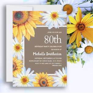 Sunflowers White Daisies Burlap 80th Birthday Invitation