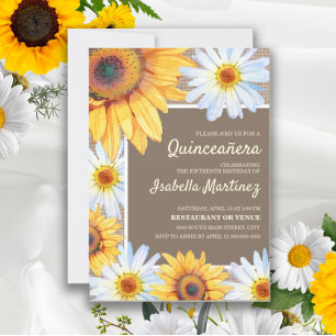 Sunflowers White Daisies Burlap Quinceañera 15th Invitation