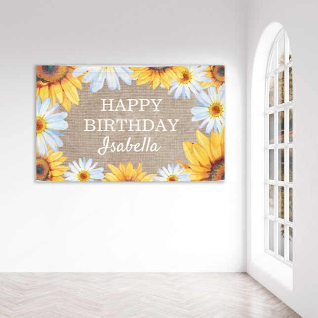 Sunflowers White Daisy Burlap Happy Birthday Name Banner (Creator Uploaded)