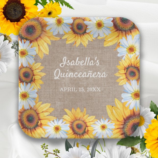 Sunflowers White Daisy Burlap Quinceañera Name   Paper Plate (Creator Uploaded)