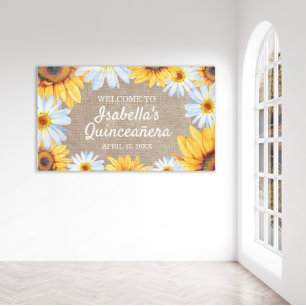 Sunflowers White Daisy Burlap Quinceañera Welcome  Banner