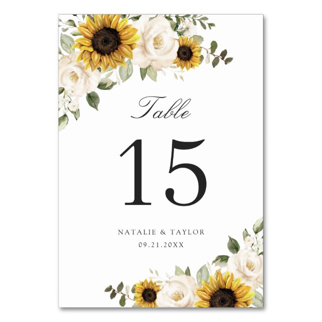 Sunflowers White Floral Greenery Rustic Table Number (Front)