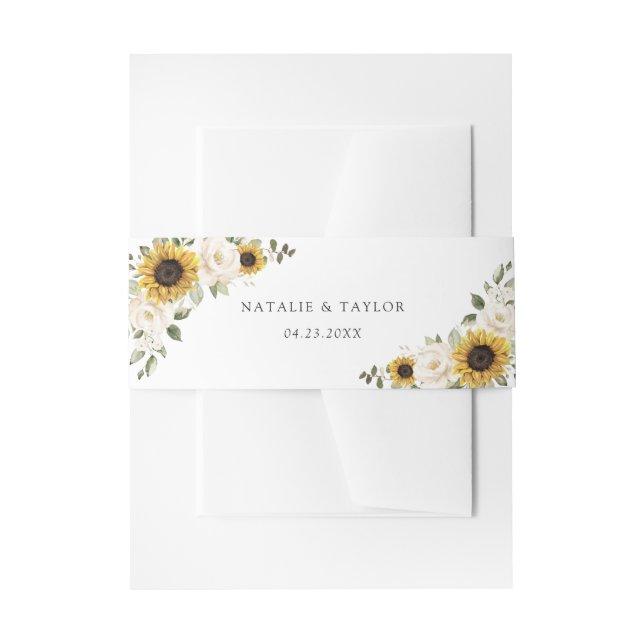 Sunflowers White Floral Greenery Rustic Wedding Invitation Belly Band (Front Example)
