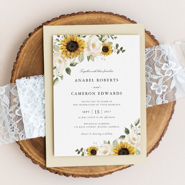 Sunflowers White Flowers Greenery Elegant Wedding Invitation (Creator Uploaded)