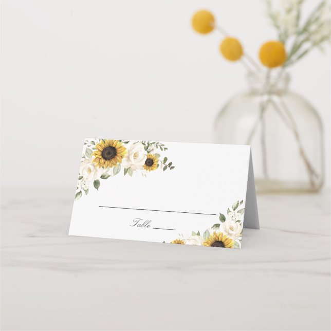 Sunflowers White Flowers Greenery Wedding Place Card (Front)