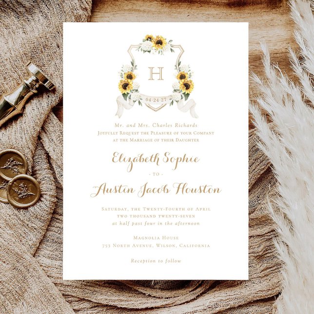 Sunflowers White Hydrangea Greenery Crest Wedding Invitation (Creator Uploaded)