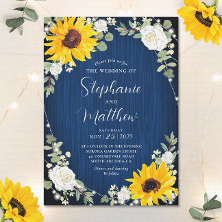 Sunflowers White Roses Navy Lights Wood Wedding Invitation