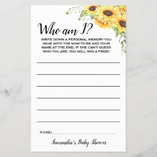 Sunflowers Who I am Baby Shower Game Card